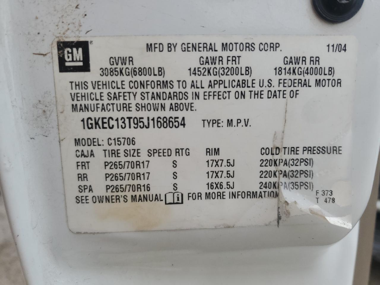 2005 GMC Yukon VIN: 1GKEC13T95J168654 Lot: 59802425