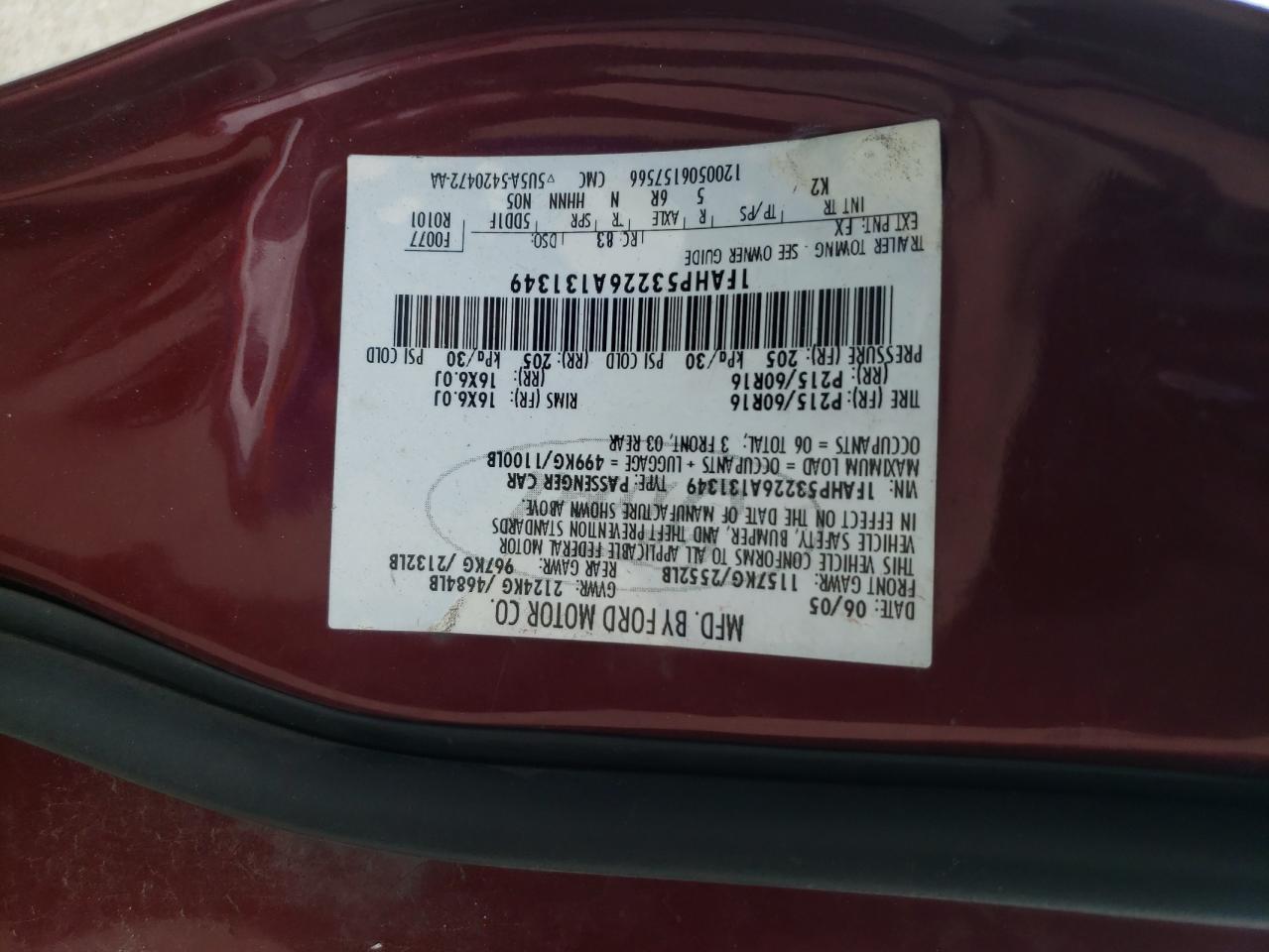 2006 Ford Taurus Se VIN: 1FAHP53226A131349 Lot: 60855455
