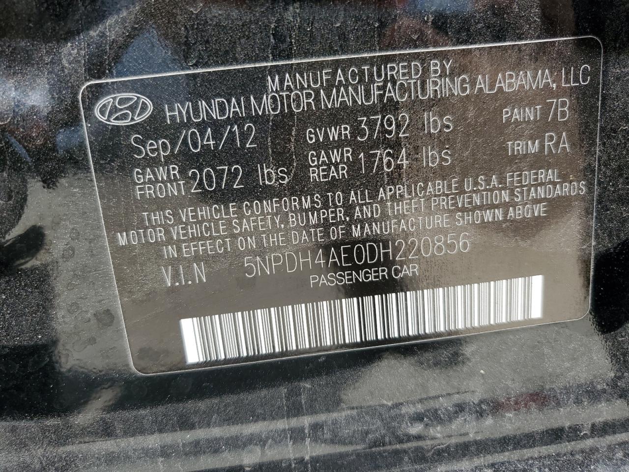 2013 Hyundai Elantra Gls VIN: 5NPDH4AE0DH220856 Lot: 61472595