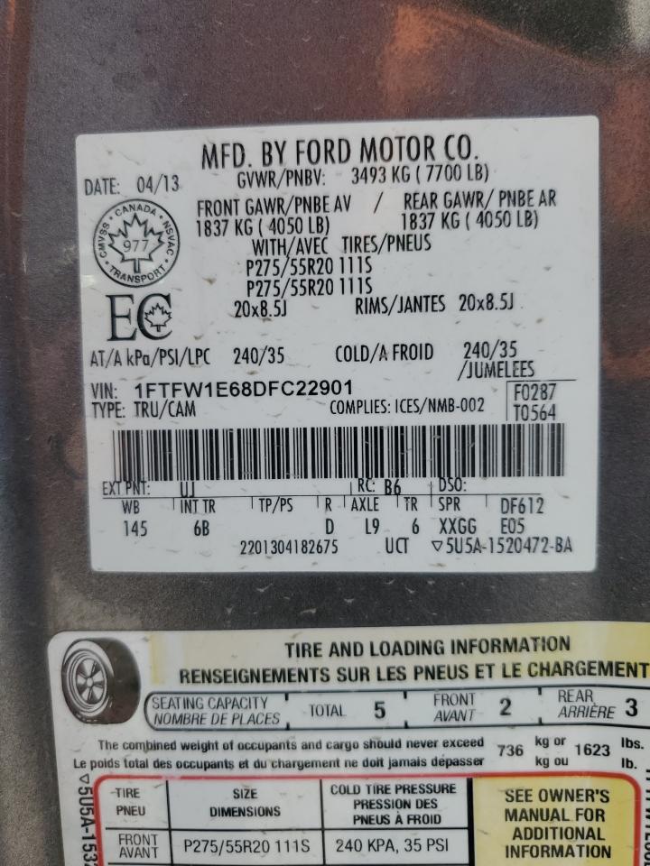2013 Ford F150 Supercrew VIN: 1FTFW1E68DFC22901 Lot: 61943795