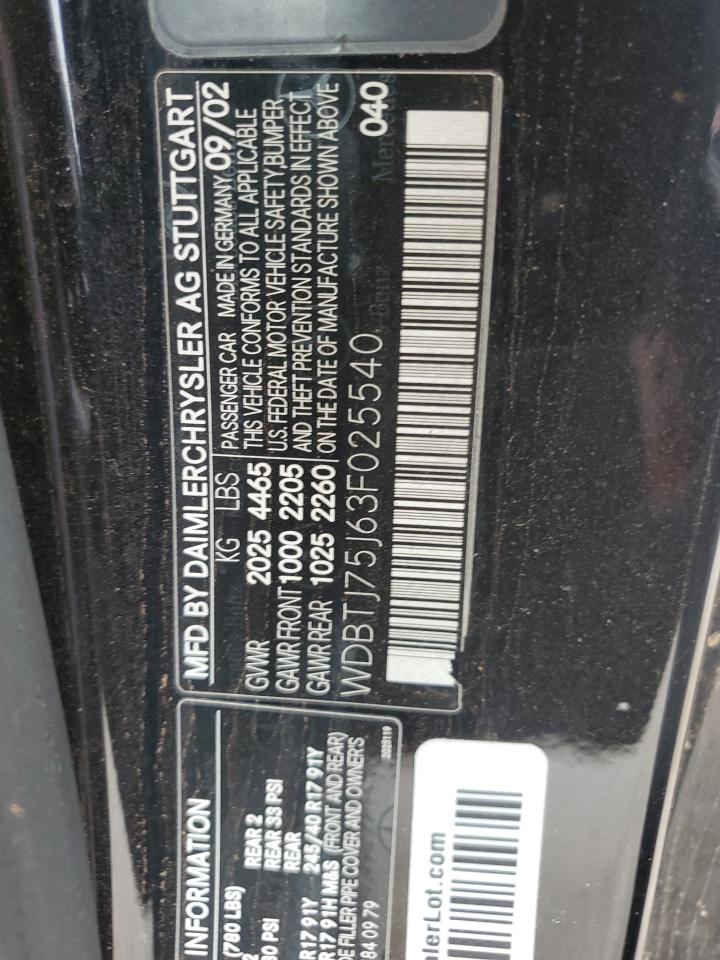 2003 Mercedes-Benz Clk 500 VIN: WDBTJ75J63F025540 Lot: 62676435