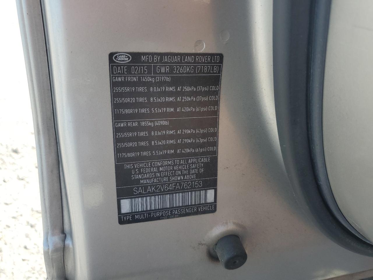 2015 Land Rover Lr4 Hse Luxury VIN: SALAK2V64FA762153 Lot: 60664745
