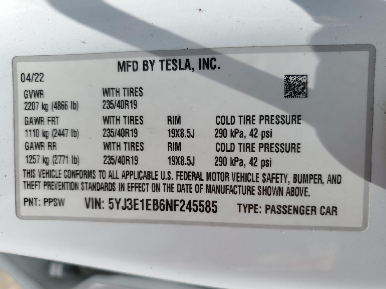 2022 Tesla Model 3 VIN: 5YJ3E1EB6NF245585 Lot: 59796565