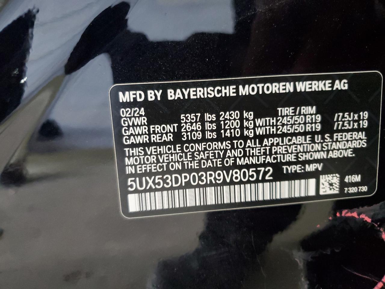 2024 BMW X3 xDrive30I VIN: 5UX53DP03R9V80572 Lot: 62124765