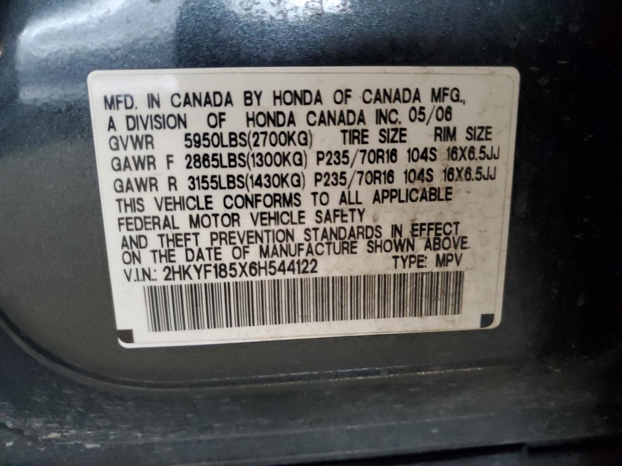 2006 Honda Pilot Ex VIN: 2HKYF185X6H544122 Lot: 61173105