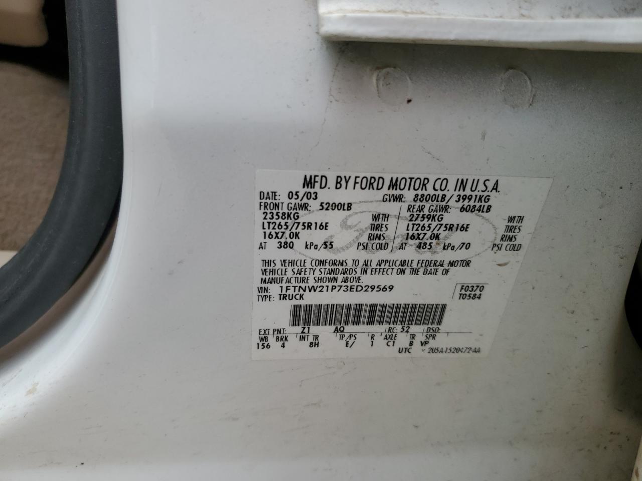 2003 Ford F250 Super Duty VIN: 1FTNW21P73ED29569 Lot: 61337785