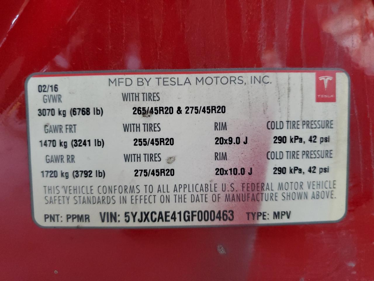 2016 Tesla Model X VIN: 5YJXCAE41GF000463 Lot: 60854485