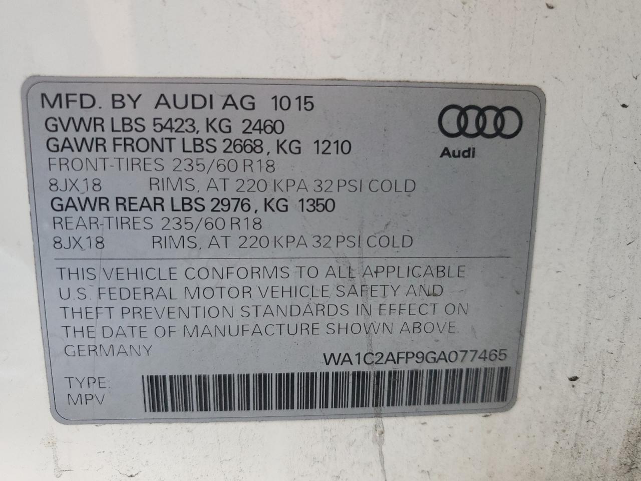 2016 Audi Q5 Premium VIN: WA1C2AFP9GA077465 Lot: 62943805