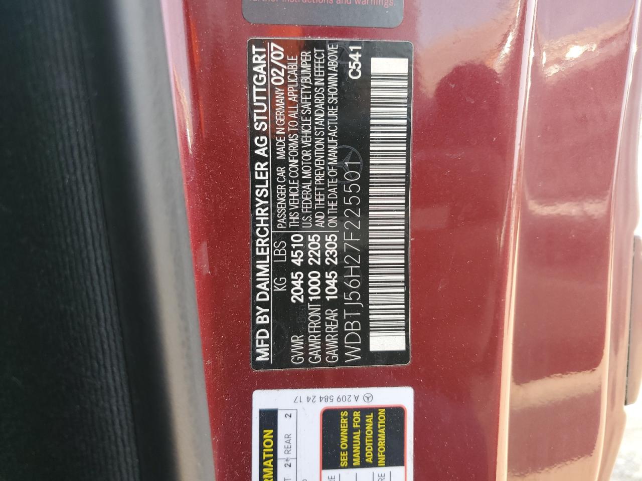 2007 Mercedes-Benz Clk 350 VIN: WDBTJ56H27F225501 Lot: 60527625