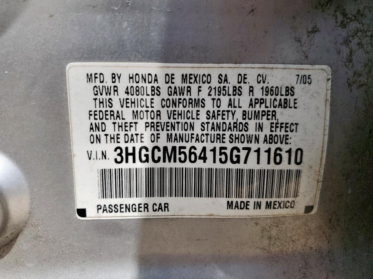 2005 Honda Accord Lx VIN: 3HGCM56415G711610 Lot: 61601425