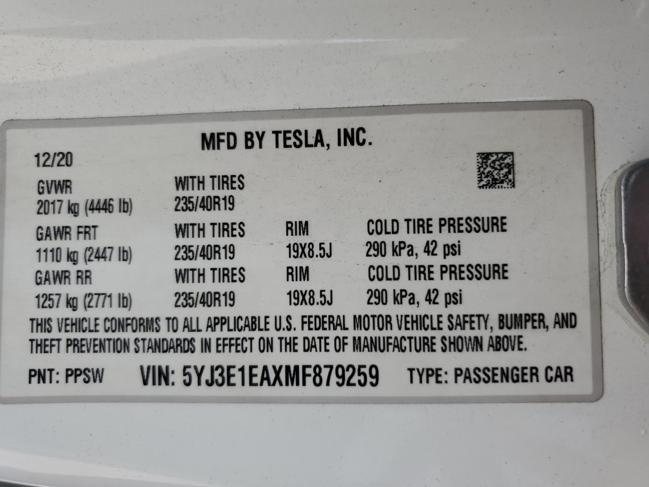 2021 Tesla Model 3 VIN: 5YJ3E1EAXMF879259 Lot: 62147655