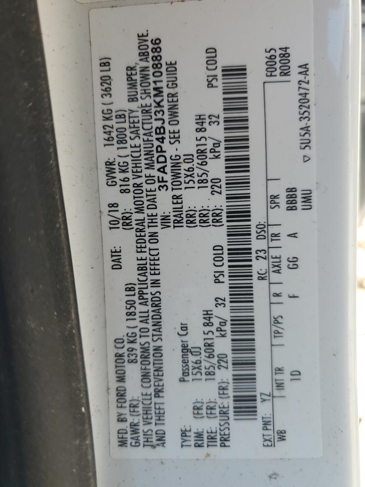 2019 Ford Fiesta Se VIN: 3FADP4BJ3KM108886 Lot: 62327835