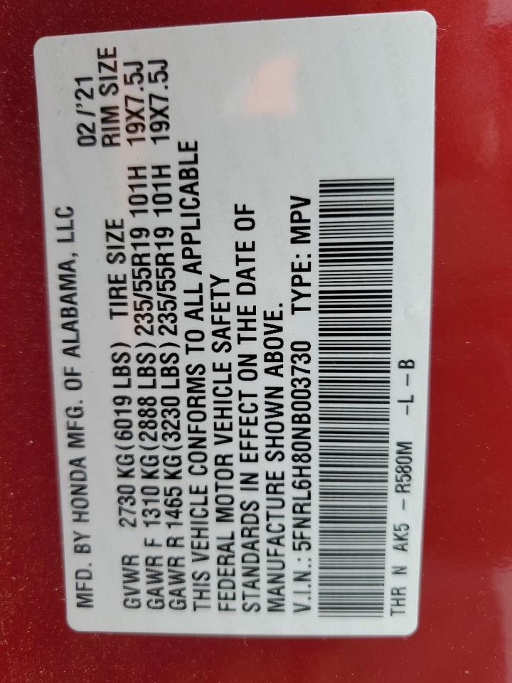 2022 Honda Odyssey Touring VIN: 5FNRL6H80NB003730 Lot: 62945735
