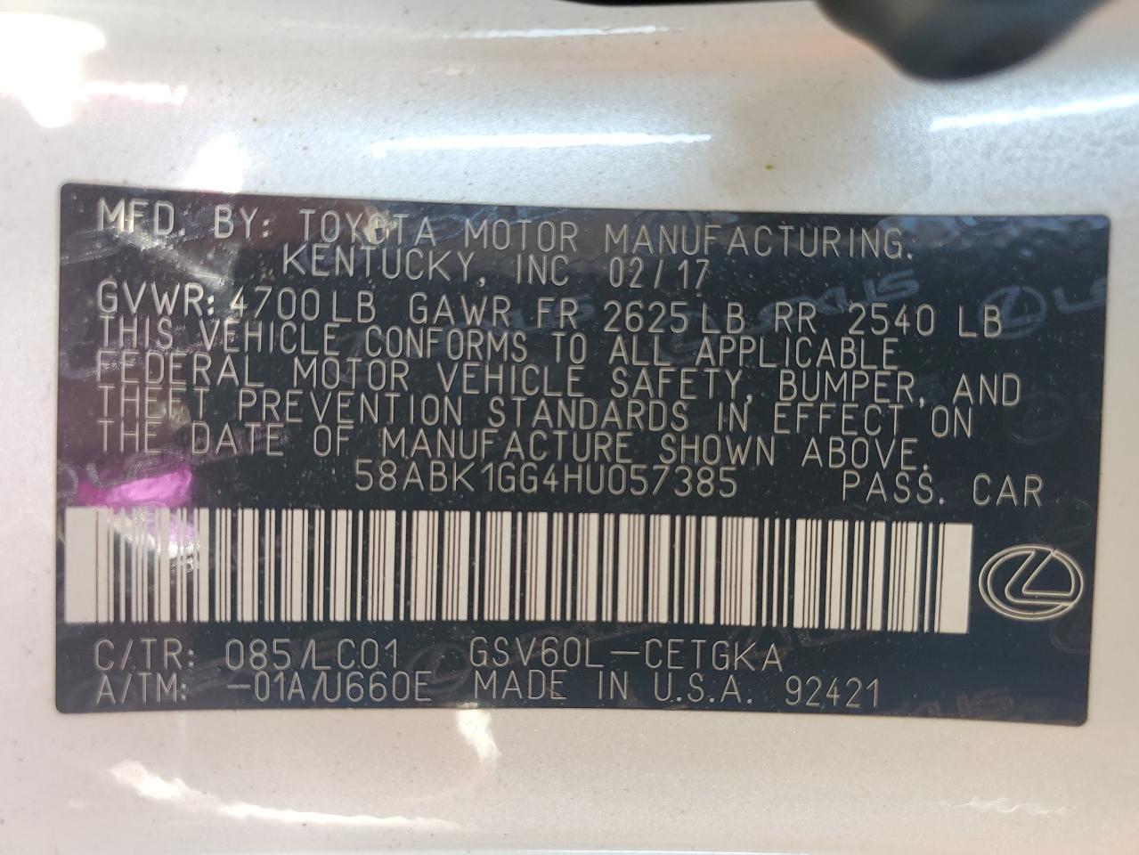 LEXUS ES350 2017 VIN 58ABK1GG4HU057385 фото 13