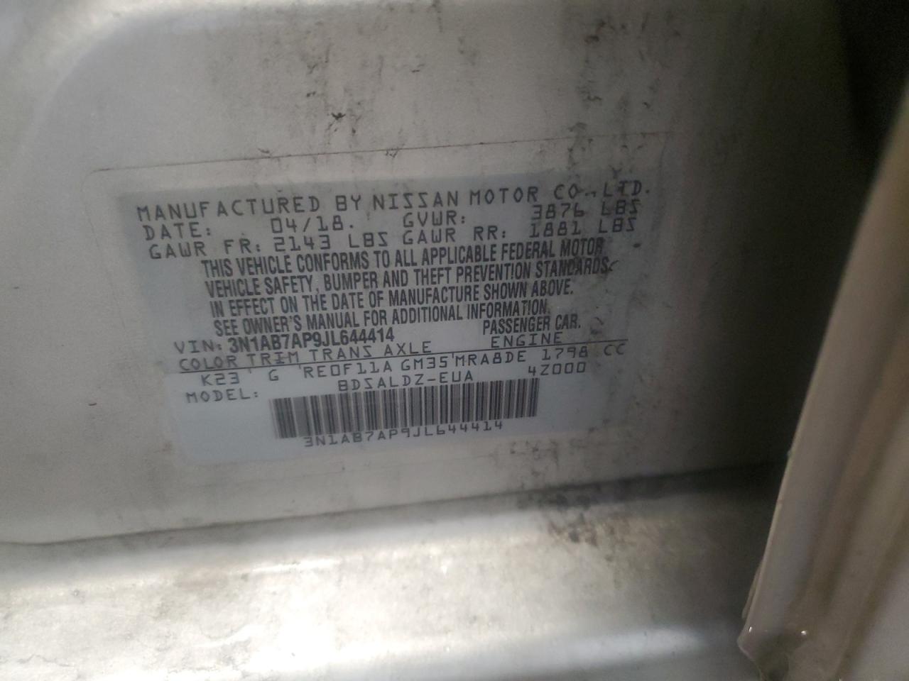 2018 Nissan Sentra S VIN: 3N1AB7AP9JL644414 Lot: 59031735