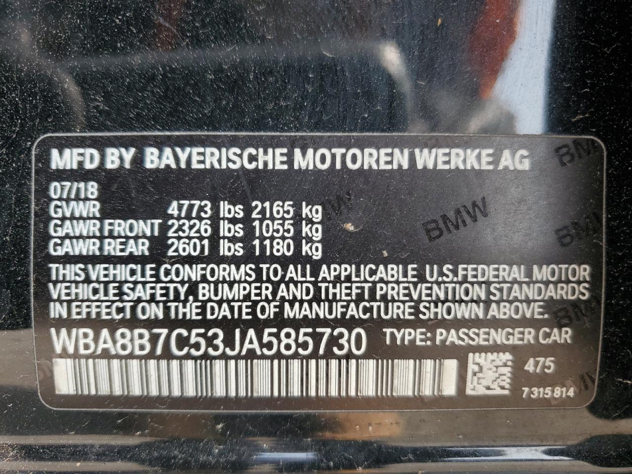 2018 BMW 340 Xi VIN: WBA8B7C53JA585730 Lot: 58968635