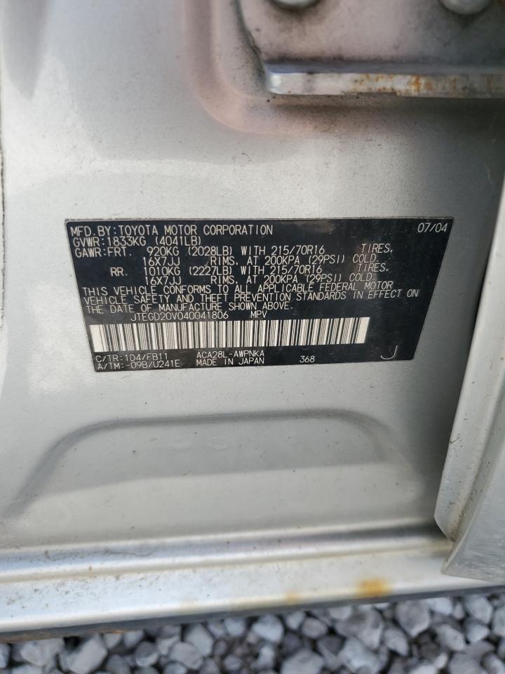 2004 Toyota Rav4 VIN: JTEGD20V040041806 Lot: 61382425