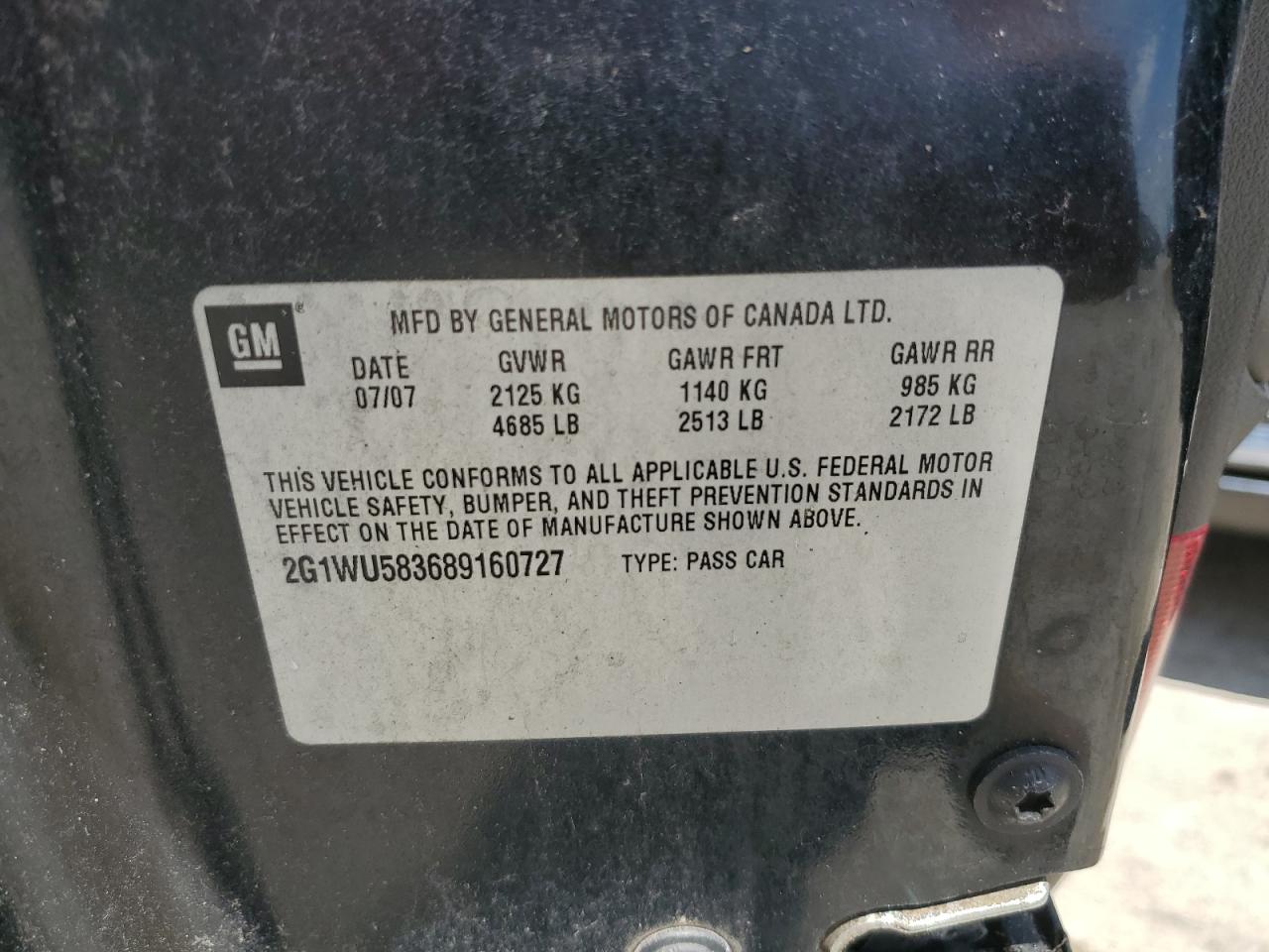 2008 Chevrolet Impala Ltz VIN: 2G1WU583689160727 Lot: 60136505