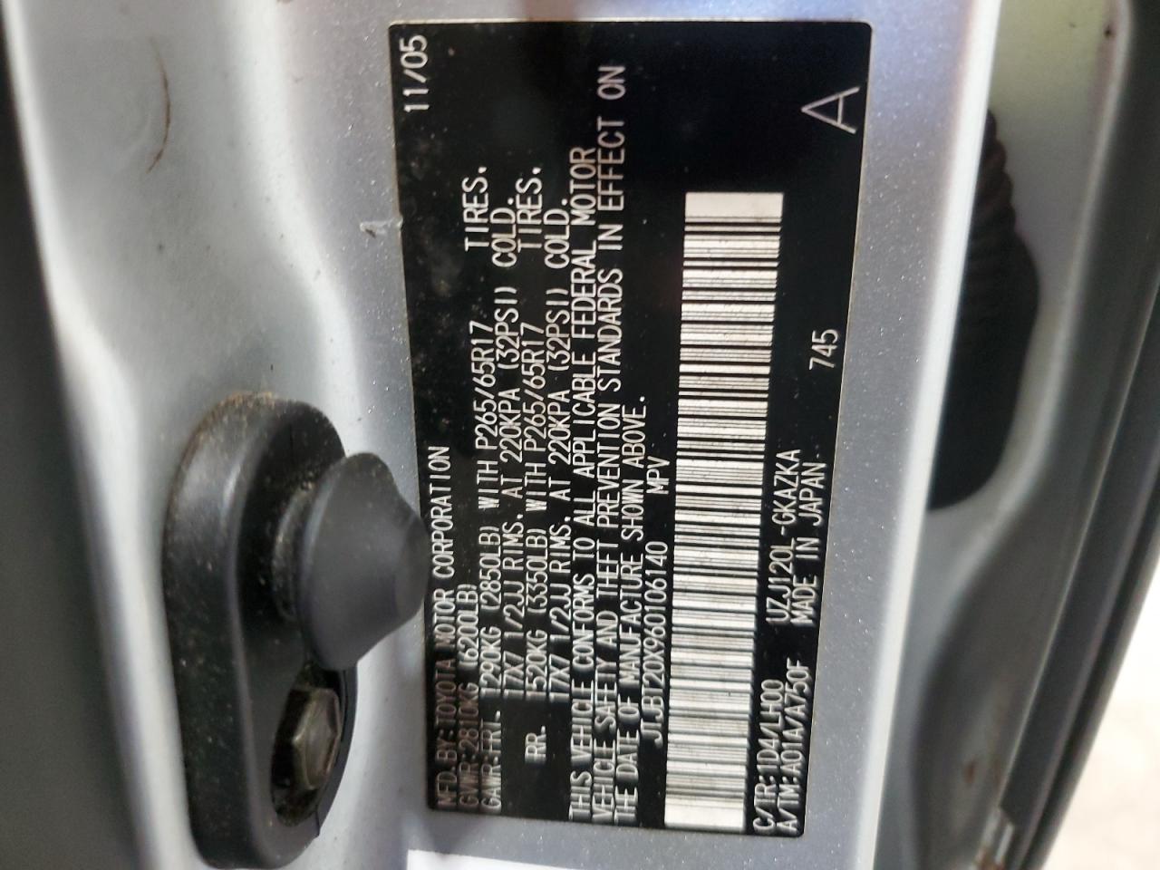 2006 Lexus Gx 470 VIN: JTJBT20X960106140 Lot: 60994945