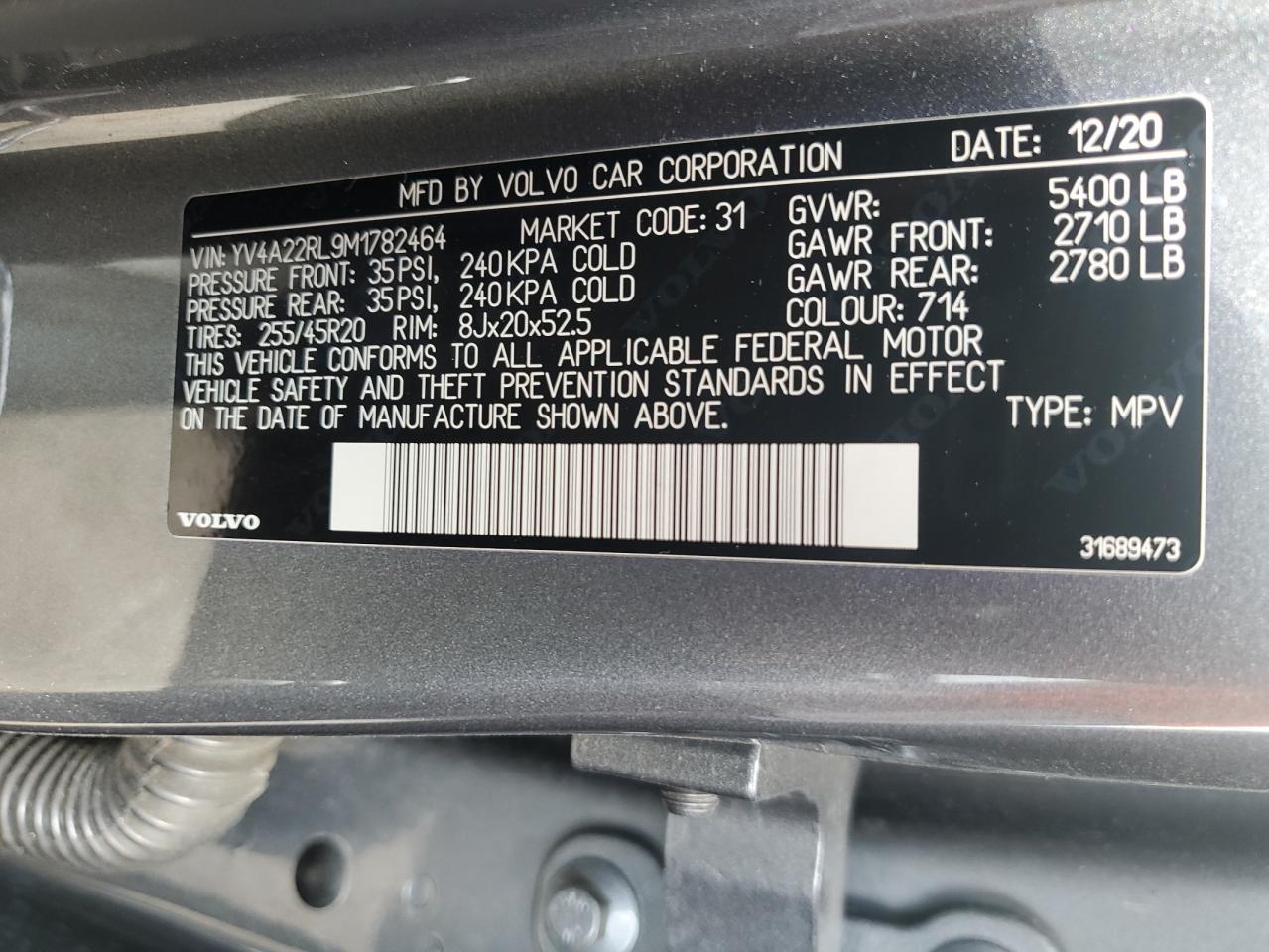 2021 Volvo Xc60 T6 Inscription VIN: YV4A22RL9M1782464 Lot: 62074395