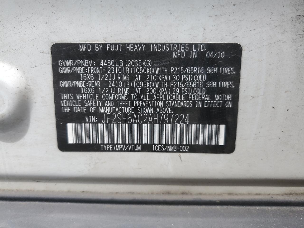 2010 Subaru Forester 2.5X VIN: JF2SH6AC2AH797224 Lot: 61426225