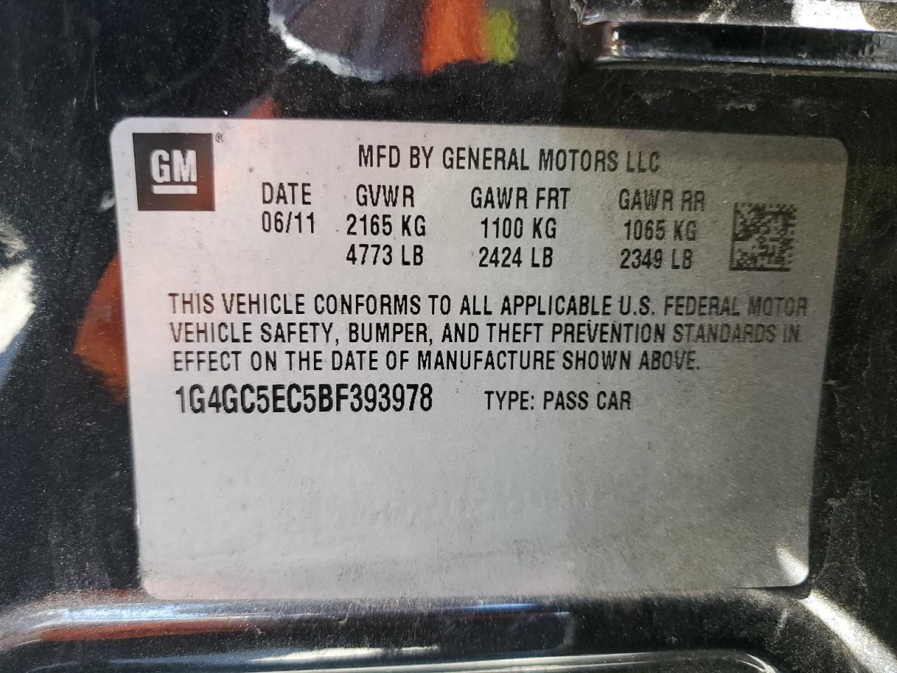 2011 Buick Lacrosse Cxl VIN: 1G4GC5EC5BF393978 Lot: 62136255