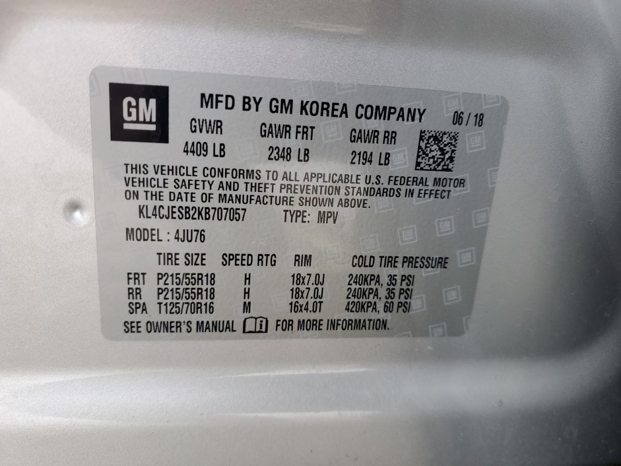 2019 Buick Encore Preferred VIN: KL4CJESB2KB707057 Lot: 62391135