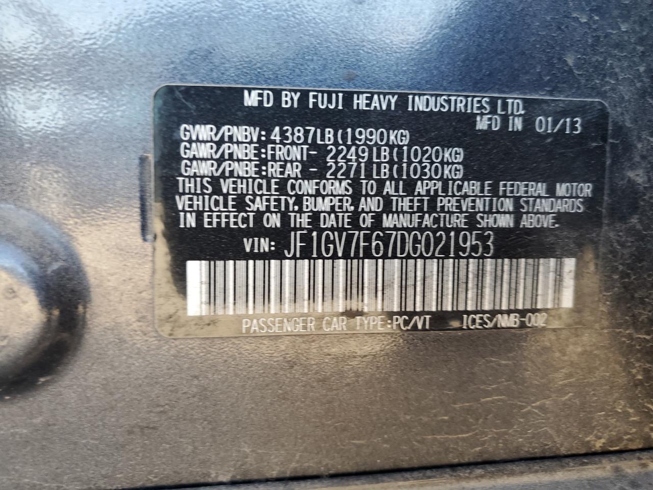 2013 Subaru Impreza Wrx VIN: JF1GV7F67DG021953 Lot: 61928805
