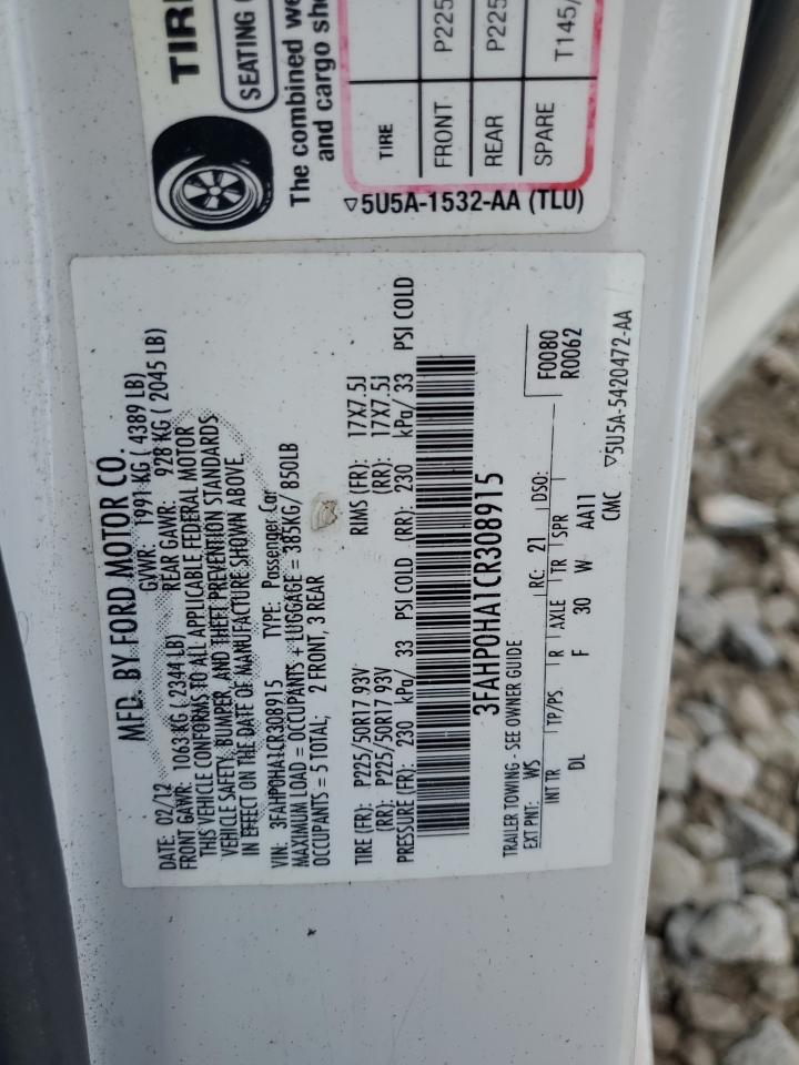 2012 Ford Fusion Se VIN: 3FAHP0HA1CR308915 Lot: 58471655