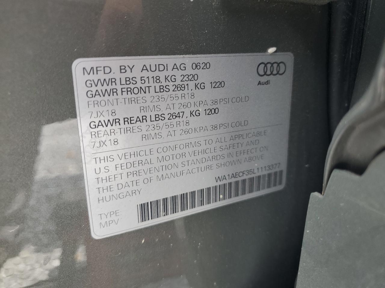 2020 Audi Q3 Premium VIN: WA1AECF35L1113377 Lot: 62386935