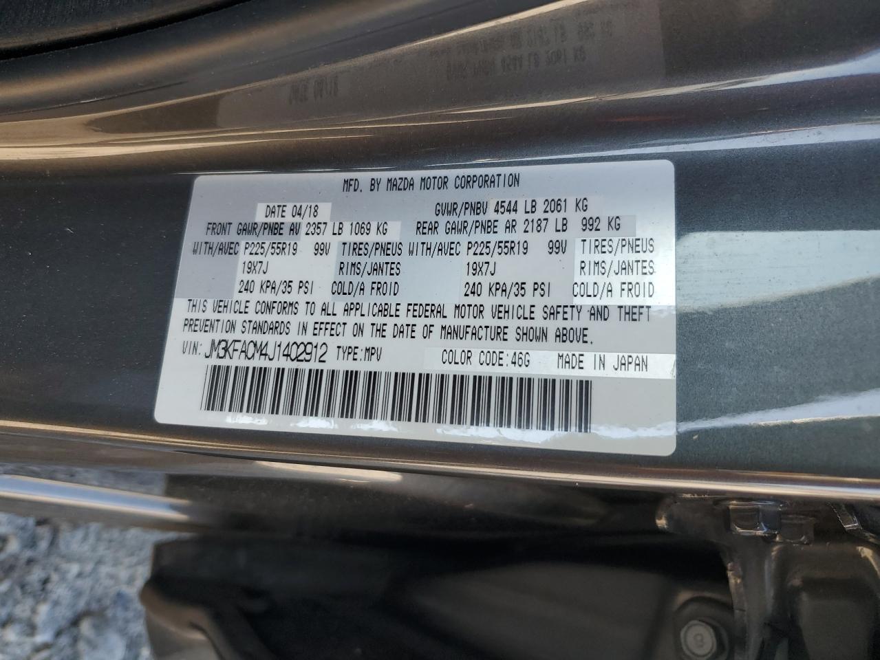 2018 Mazda Cx-5 Touring VIN: JM3KFACM4J1402912 Lot: 62564235