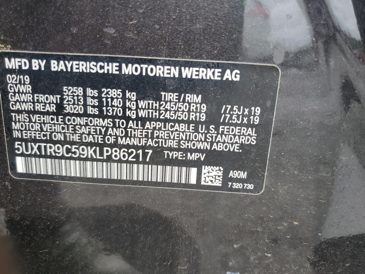 2019 BMW X3 xDrive30I VIN: 5UXTR9C59KLP86217 Lot: 60823045