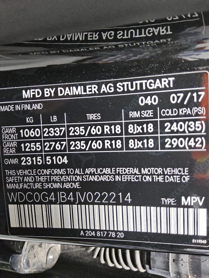 2018 Mercedes-Benz Glc 300 VIN: WDC0G4JB4JV022214 Lot: 59626925
