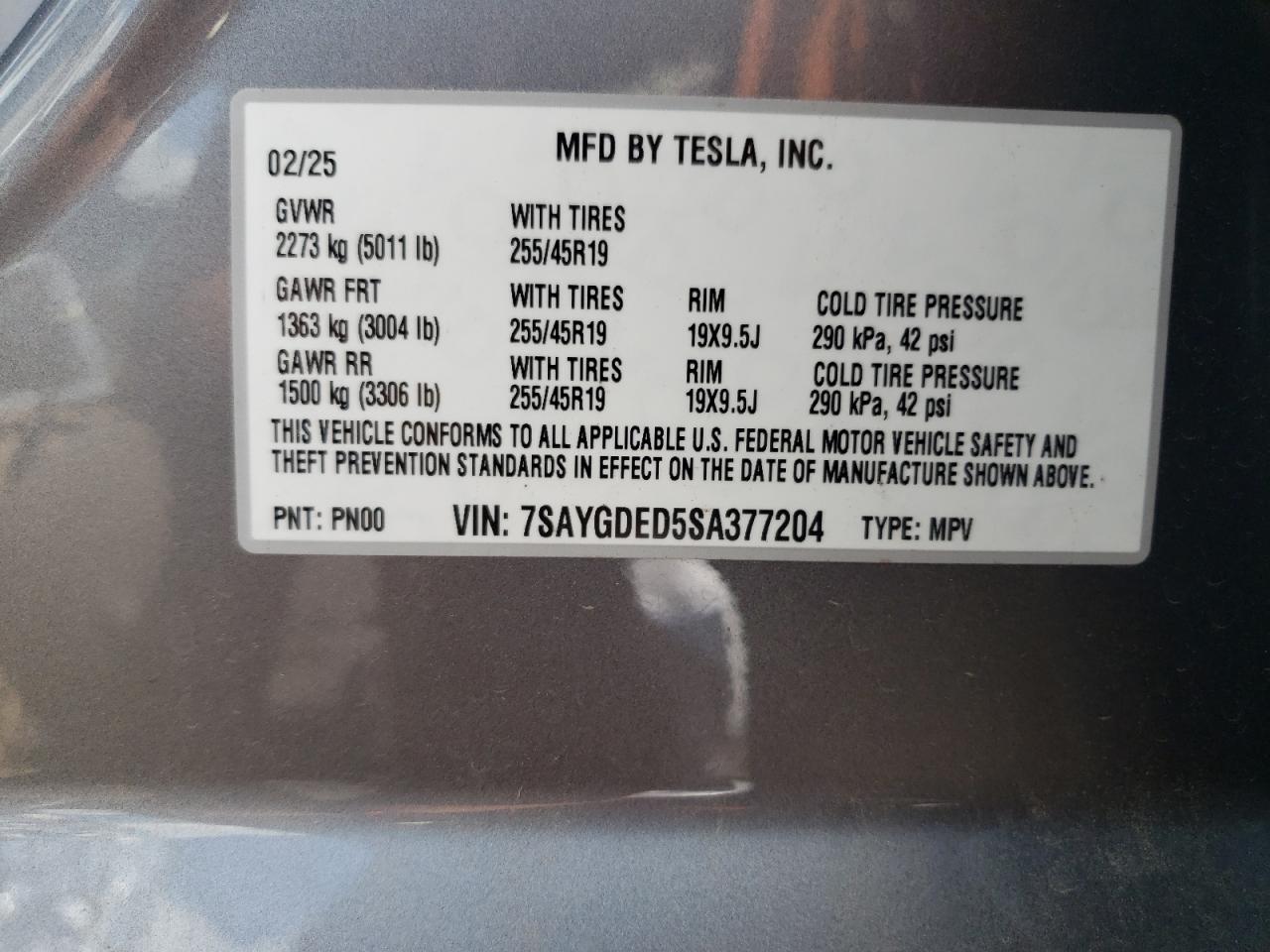 2025 Tesla Model Y VIN: 7SAYGDED5SA377204 Lot: 62487355