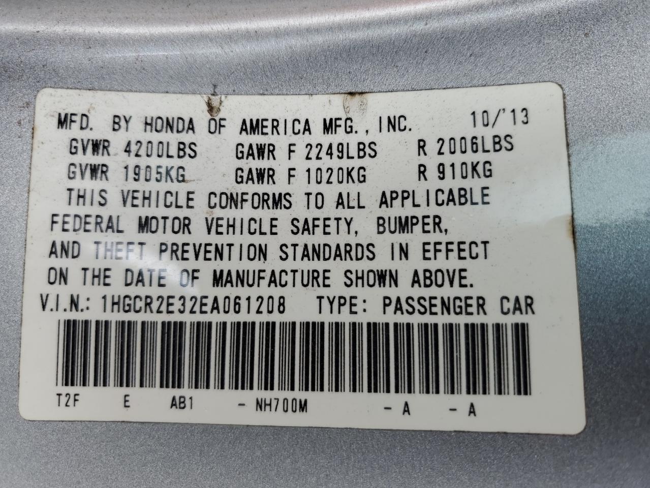 2014 Honda Accord Lx VIN: 1HGCR2E32EA061208 Lot: 63195935