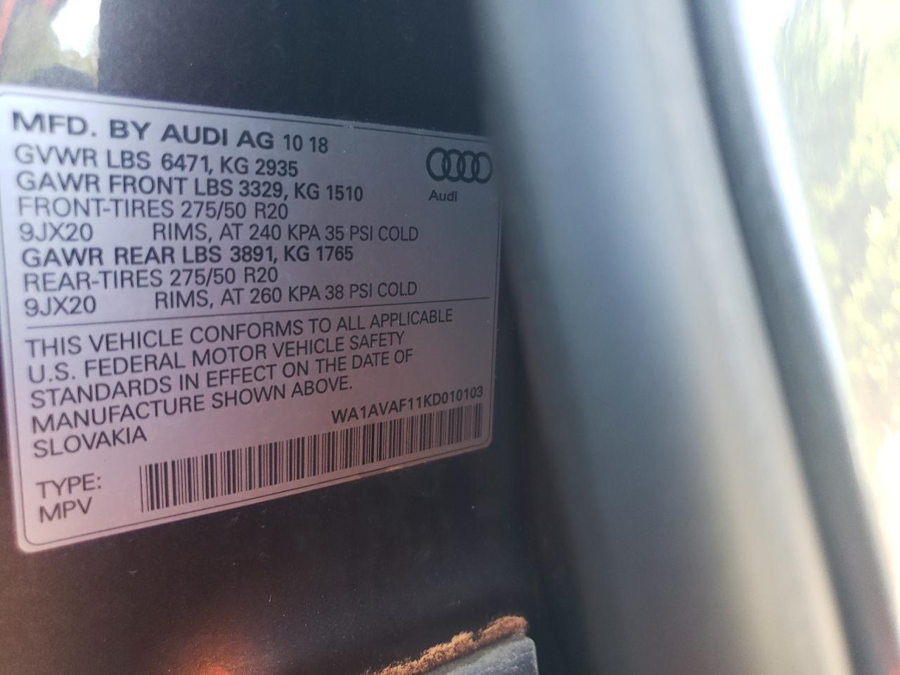 2019 Audi Q8 Premium VIN: WA1AVAF11KD010103 Lot: 61801585