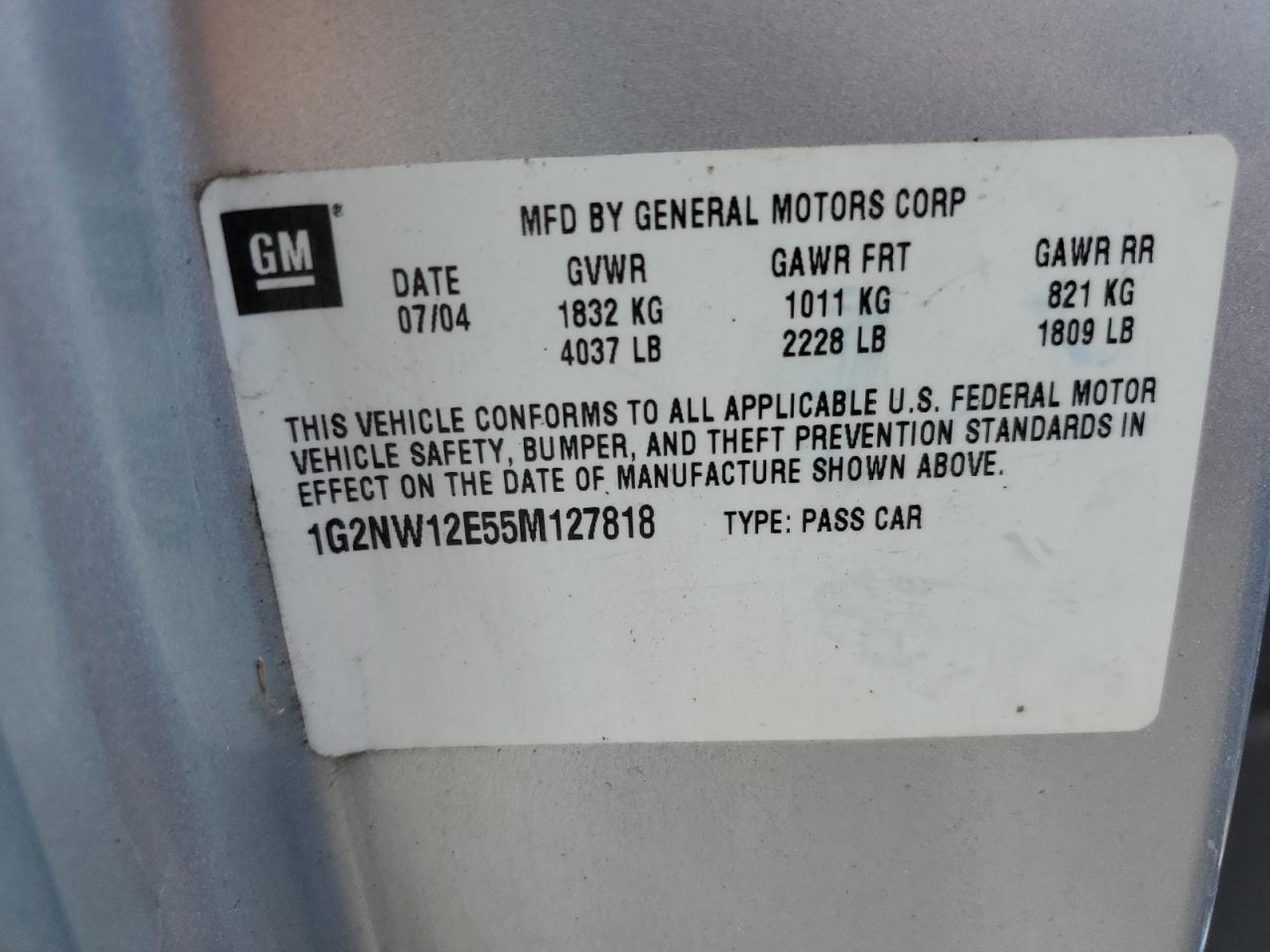 2005 Pontiac Grand Am Gt VIN: 1G2NW12E55M127818 Lot: 62183305