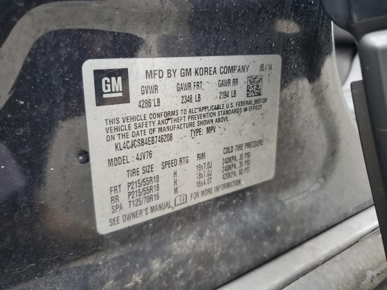 2014 Buick Encore VIN: KL4CJCSB4EB746208 Lot: 62454655