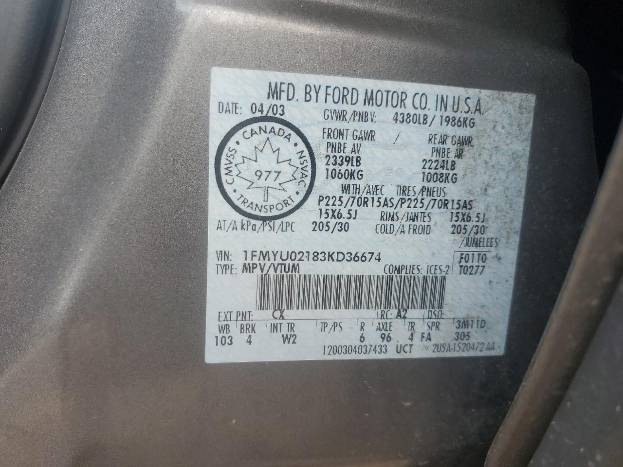 2003 Ford Escape Xls VIN: 1FMYU02183KD36674 Lot: 61087205