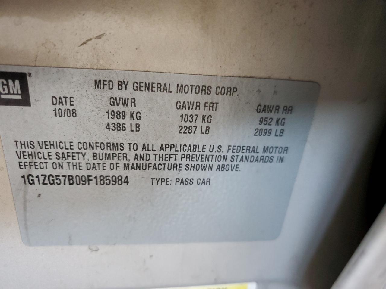 2009 Chevrolet Malibu Ls VIN: 1G1ZG57B09F185984 Lot: 59321285