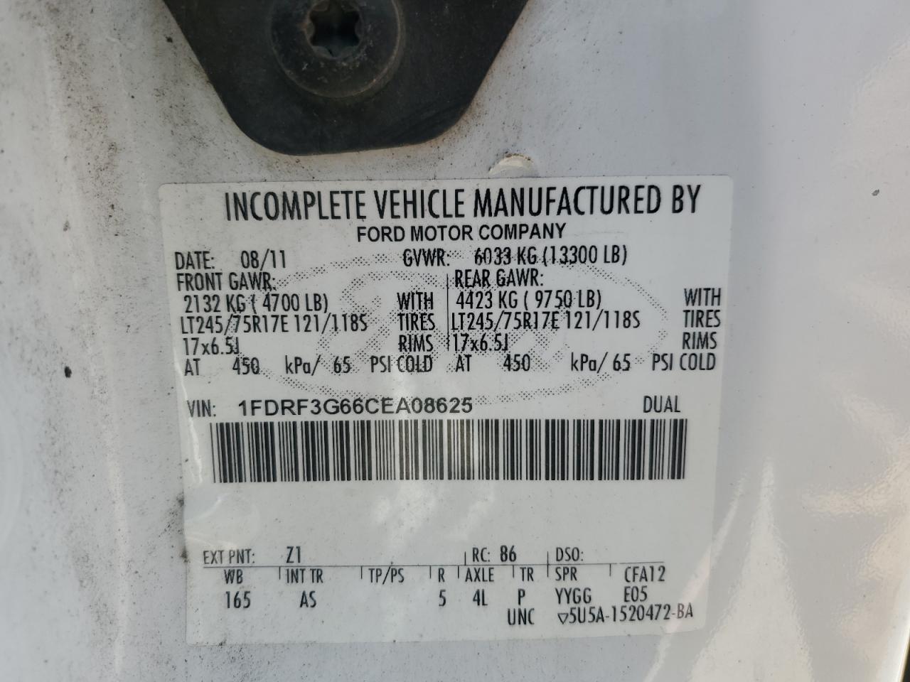 2012 Ford F350 Super Duty VIN: 1FDRF3G66CEA08625 Lot: 62449215