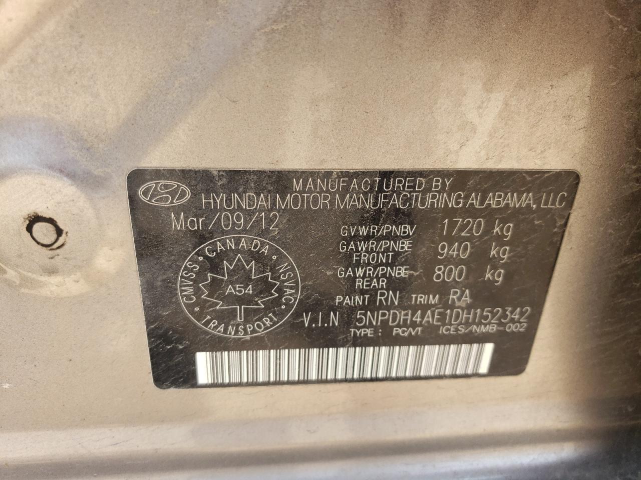 2013 Hyundai Elantra Gls VIN: 5NPDH4AE1DH152342 Lot: 58754365