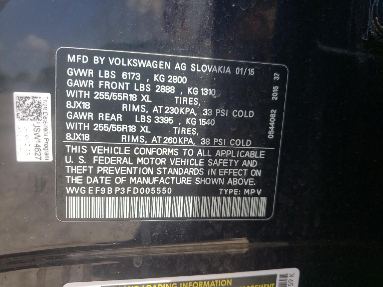 2015 Volkswagen Touareg V6 VIN: WVGEF9BP3FD005550 Lot: 61737795