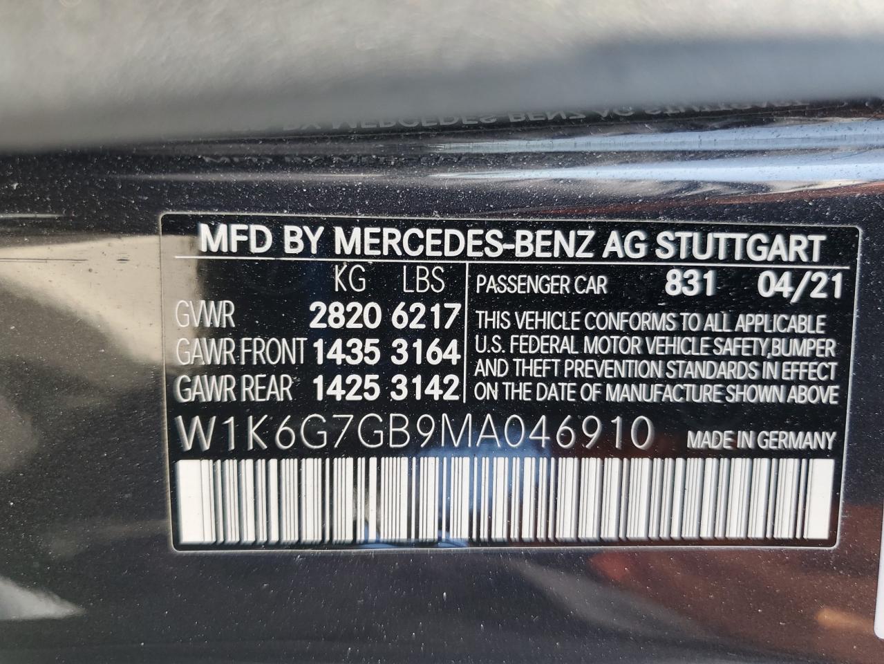 2021 Mercedes-Benz S 580 4Matic VIN: W1K6G7GB9MA046910 Lot: 61006105