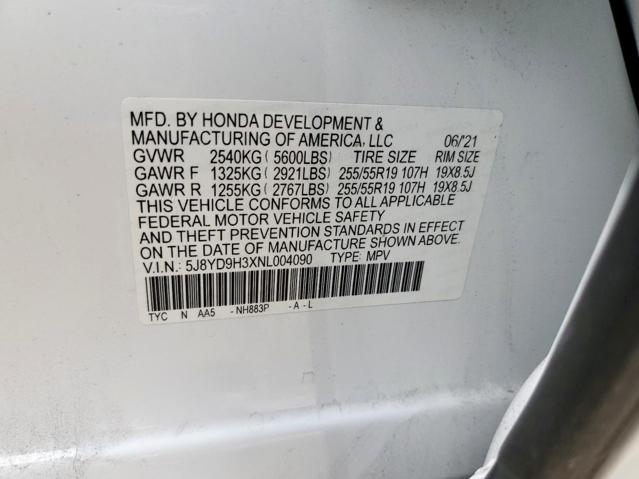 2022 Acura Mdx VIN: 5J8YD9H3XNL004090 Lot: 60478025