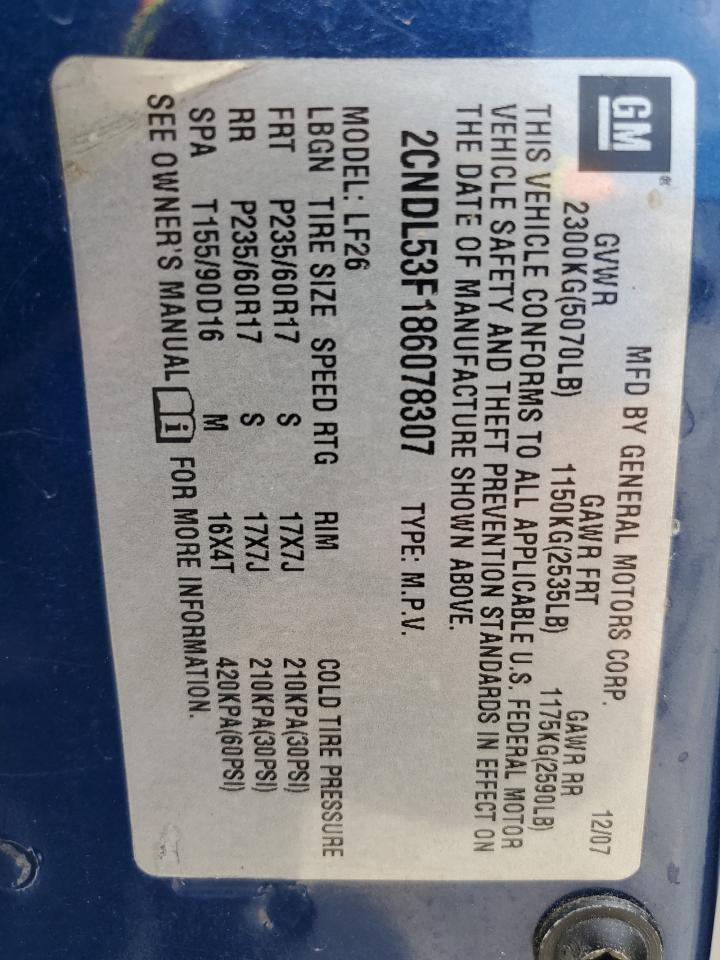 2008 Chevrolet Equinox Lt VIN: 2CNDL53F186078307 Lot: 61151355