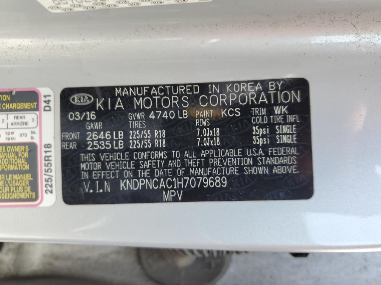 2017 Kia Sportage Ex VIN: KNDPNCAC1H7079689 Lot: 60359365