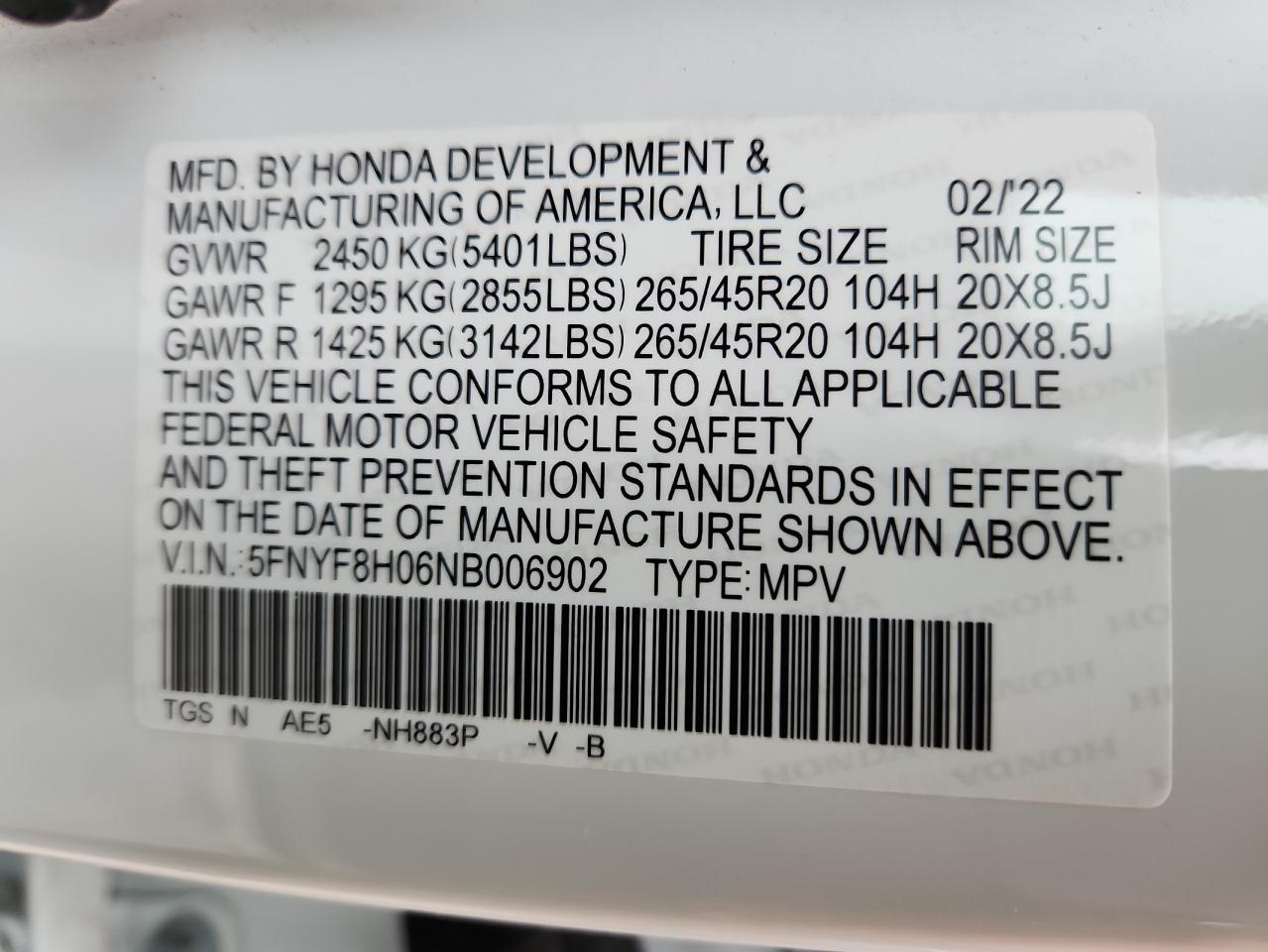 2022 Honda Passport Elite VIN: 5FNYF8H06NB006902 Lot: 60640315
