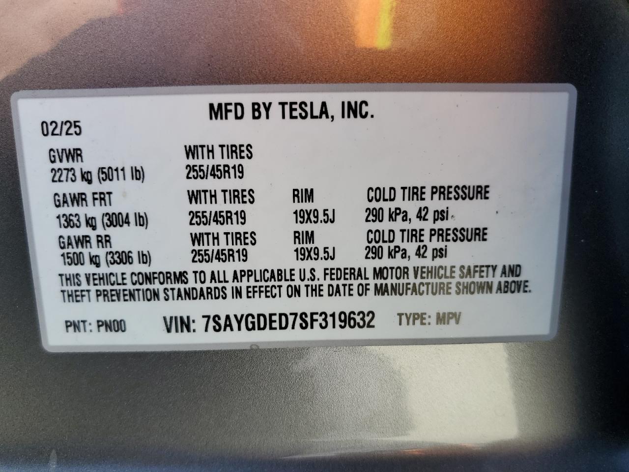 2025 Tesla Model Y VIN: 7SAYGDED7SF319632 Lot: 62951935