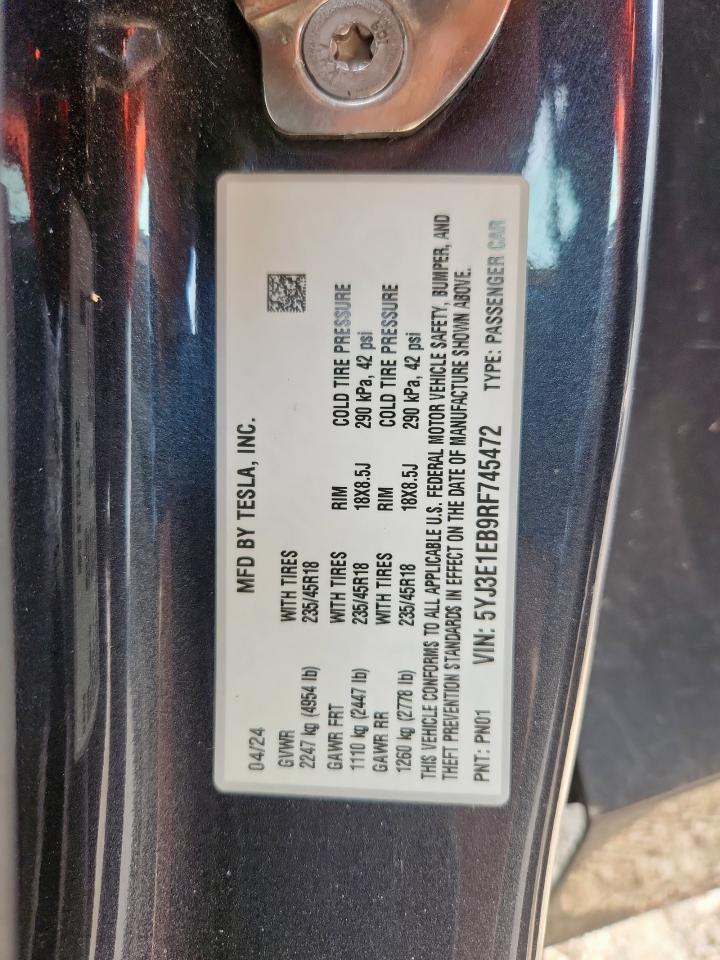 2024 Tesla Model 3 VIN: 5YJ3E1EB9RF745472 Lot: 60896675